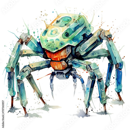 Watercolor military hexapod robot isolated on a white background