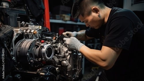 The proficient Asian master  with focused hands  diligently tends to car engine repairs in the foreground of a light-colored car service