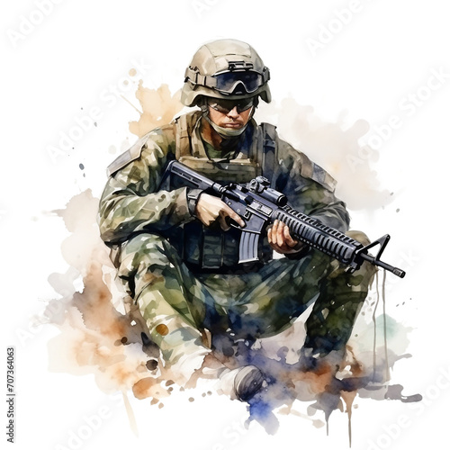 Watercolor military in camouflage isolated on a white background