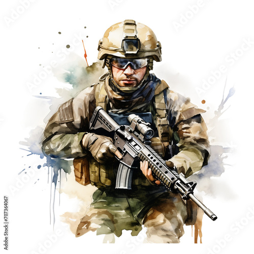 Watercolor military in combat gear isolated on a white background 