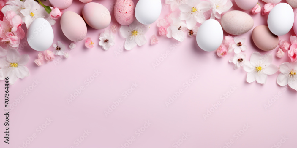 Border of Easter eggs with spring flowers and leaves. Top flat view with pastel pink and white colors background Border of Easter eggs with spring flowers and leaves. Top flat view with pastel pink and white colors background