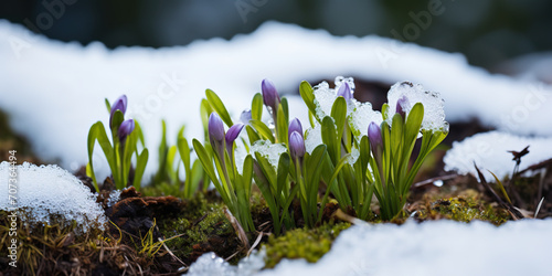 Purple crocus in the snow, macro close-up. Early spring flower