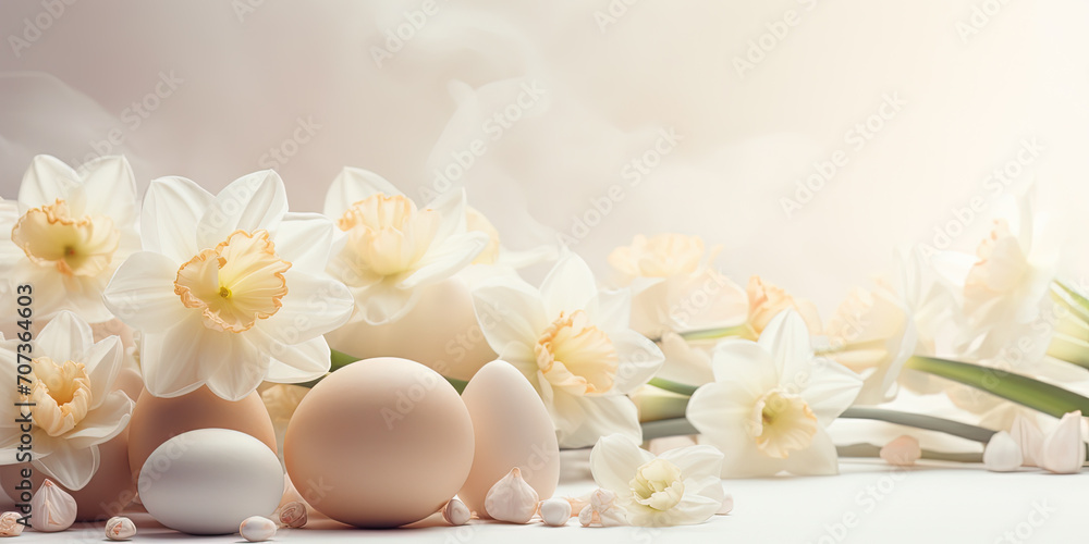 Soft color pastel easter eggs and narcissus flowers, clean beige image background and copy space