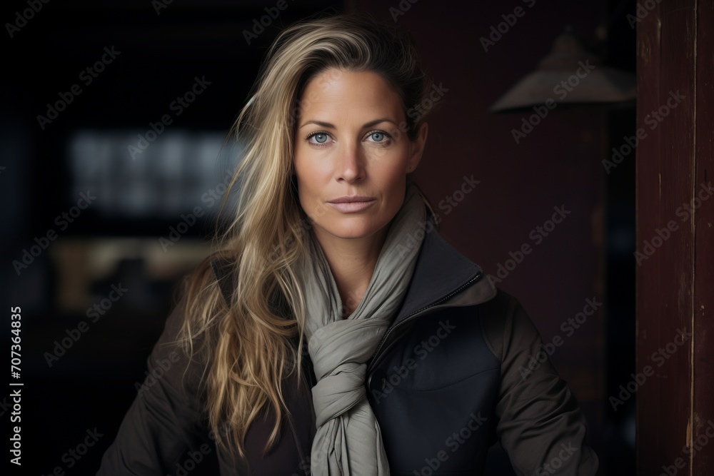 Portrait of a beautiful woman in winter coat and scarf at home Portrait of a beautiful woman in winter coat and scarf at home