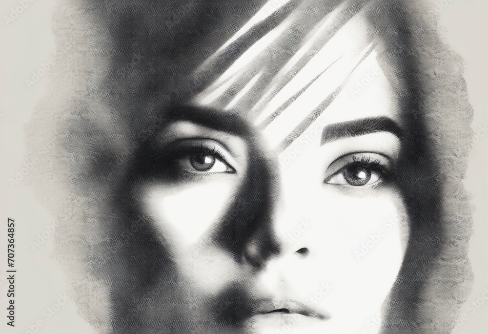 Fototapeta premium sketch face silhouette woman eyes looking at camera aside on white background copy space for your conceptual text advertisement. Image digitally altered (IA) digital effects