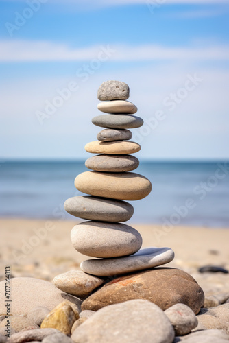 Stack of round smooth stones on a seashore. Mental health and meditation concept