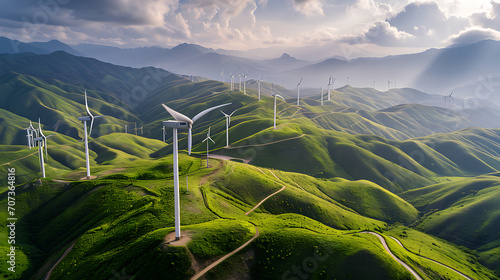 Uma imagem panorâmica de um parque eólico com fileiras de turbinas eólicas gerando energia limpa ilustrando o compromisso com energia renovável no setor industrial photo