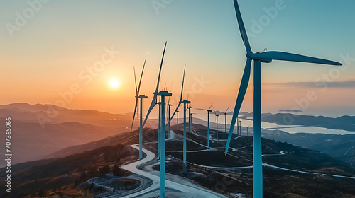 Uma imagem panorâmica de um parque eólico com fileiras de turbinas eólicas gerando energia limpa ilustrando o compromisso com energia renovável no setor industrial © Alexandre