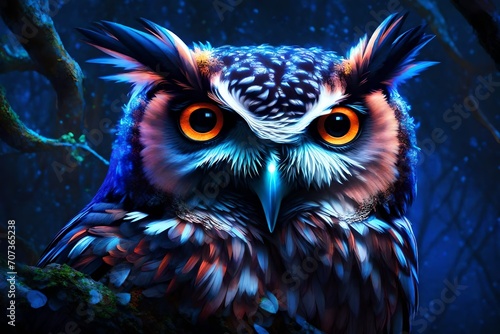 An owl perched on a neon-lit tree branch
