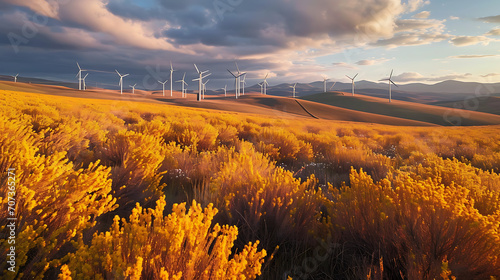 Uma imagem panorâmica de um parque eólico com fileiras de turbinas eólicas gerando energia limpa ilustrando o compromisso com energia renovável no setor industrial photo