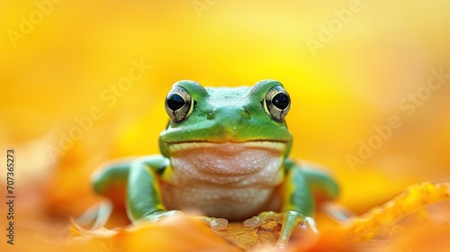  a green frog sitting on top of a leaf filled field of orange and yellow leaves and looking at the camera with a curious look on it's face and eyes.