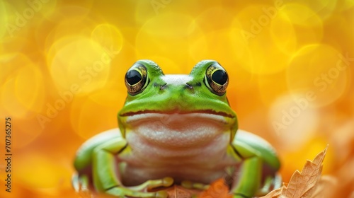  a green frog sitting on top of a leaf in front of a yellow and orange boke of blurry light and a blurry boke of leaves in the background.