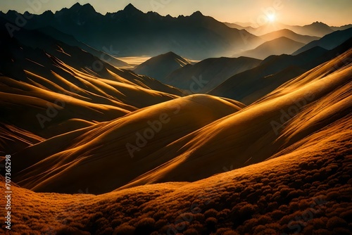 Golden Hour Glow: Mountains bathed in the soft
