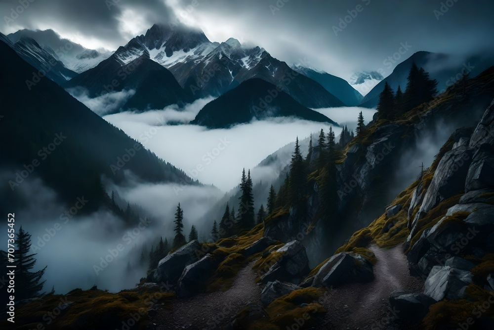 Mountains partially concealed by a gentle morning mist, creating an ethereal and mysterious atmosphere.
