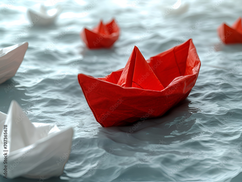 Aerial View of Origami Red Paper Boats Sailing, Saint Valentine Concept, AI generated image 