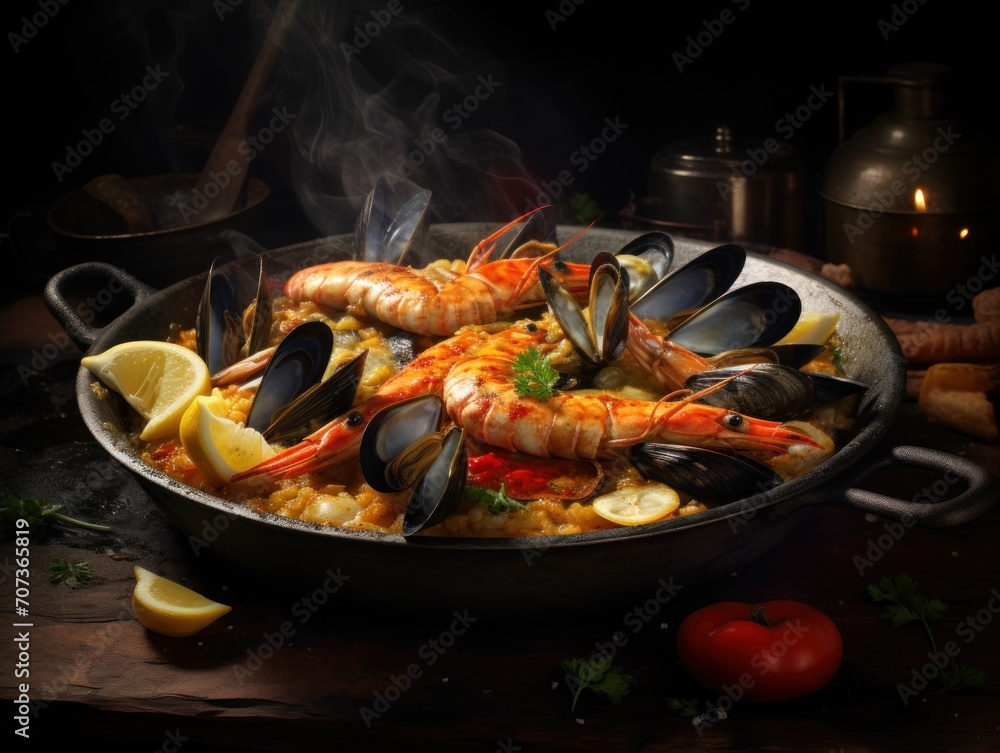 a skillet filled with cooked seafood and garnished with lemon wedges and garnished with parsley, tomatoes, parsley, and parsley. a skillet filled with cooked seafood and garnished with lemon wedges and garnished with parsley, tomatoes, parsley, and parsley.