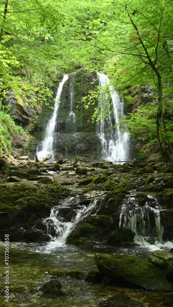 Vertical shot of a cascading waterfalls in a summer forest Vertical shot of a cascading waterfalls in a summer forest
