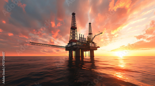 Uma vista panorâmica de uma plataforma de petróleo marítima contra um pôr do sol pitoresco mostrando a infraestrutura complexa envolvida na exploração de petróleo no mar © Alexandre