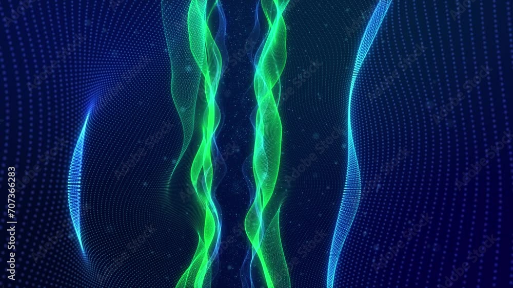 Glowing particles form surfaces with waves, layered blue green ...