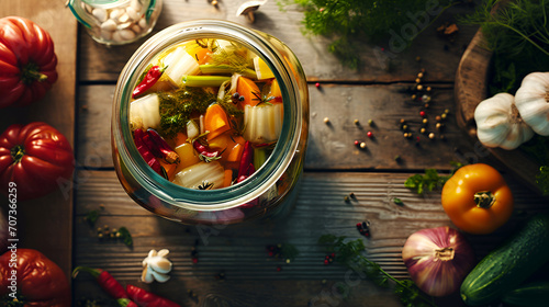 Pickled vegetables medley in jar on wooden table surrounded with fresh vegetables. Assorted pickles in rustic ambiance, fermented food concept. Jar of colorful fermented veggies