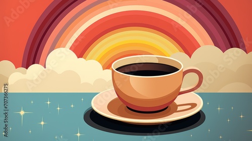 A cup of coffee sits on a saucer, sunset with sun and clounds behind.
