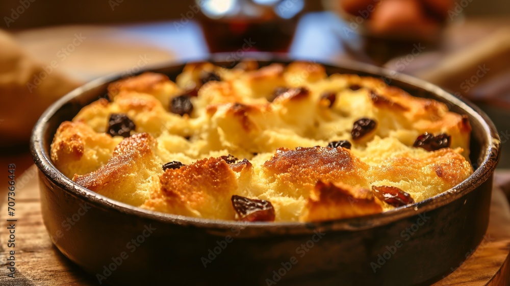 Bread Pudding in a rustic pan, hot from the oven, with raisins and jam. puffy and delicious Bread Pudding in a rustic pan, hot from the oven, with raisins and jam. puffy and delicious