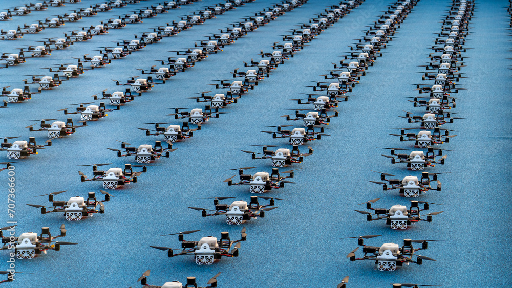 multiple drones lined up for a drone show