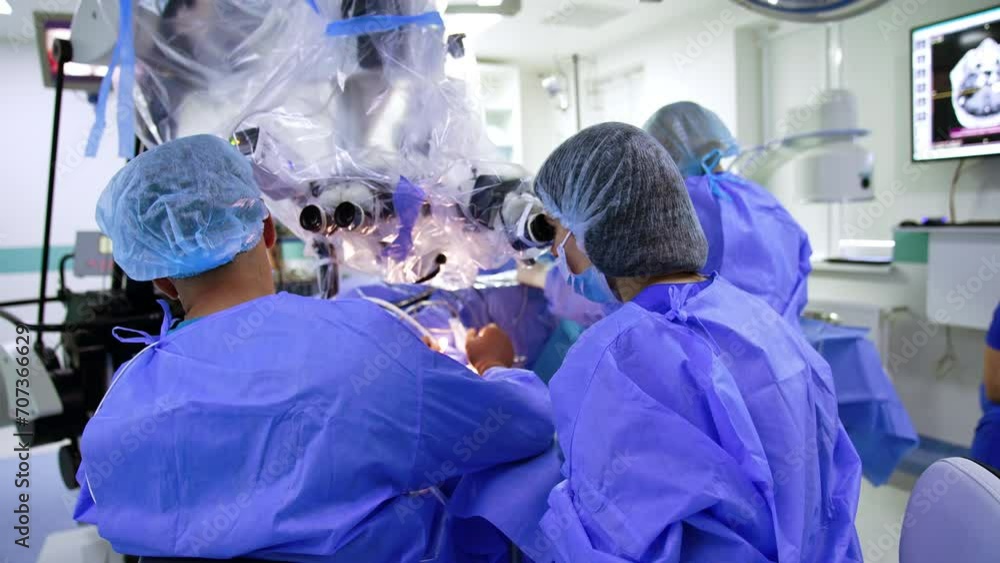 Rear view of surgeon sitting at the microscope. Neurosurgical operation on brain in modern hospital. Rear view of surgeon sitting at the microscope. Neurosurgical operation on brain in modern hospital.