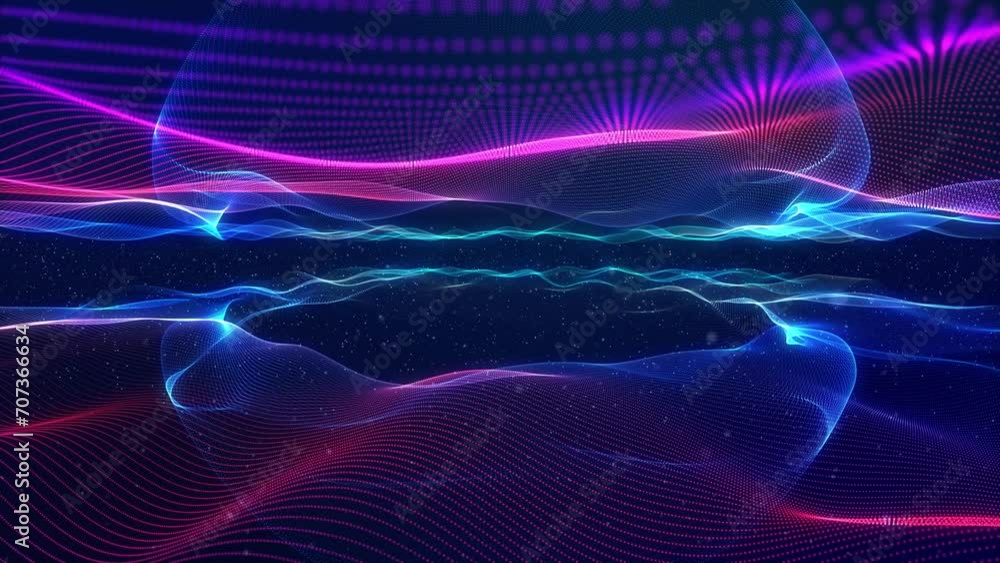 Glowing particles form surface with waves. Trendy purple background for events. Wide viewing angle. Large scale scene. Shallow depth of field and bokeh effect. Motion graphics, motion design particles Glowing particles form surface with waves. Trendy purple background for events. Wide viewing angle. Large scale scene. Shallow depth of field and bokeh effect. Motion graphics, motion design particles