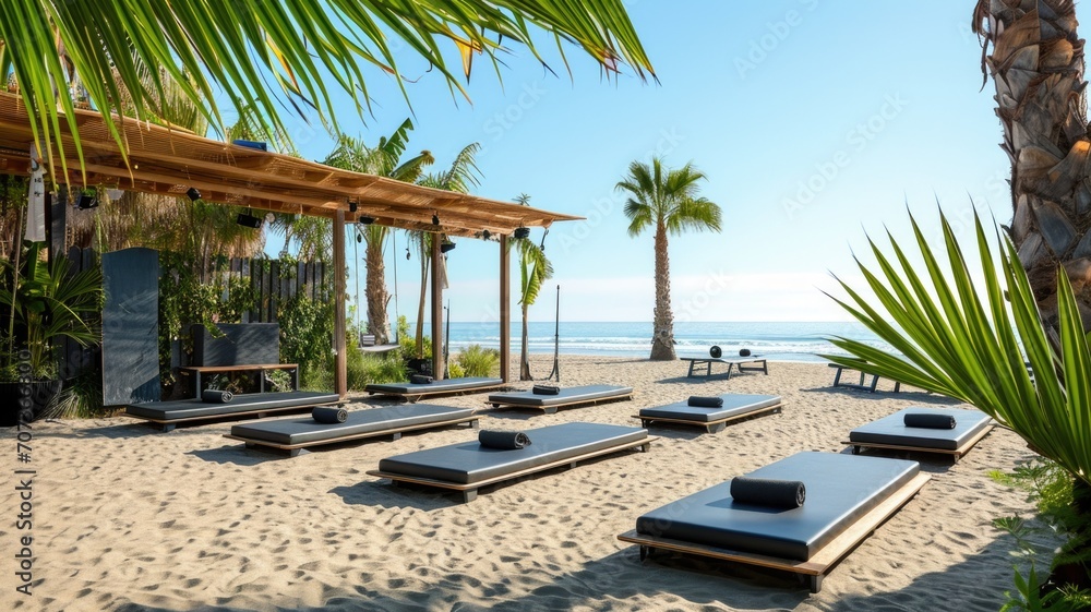 wooden sunbed with mattresses for fitness on the seashore, gym on the beach