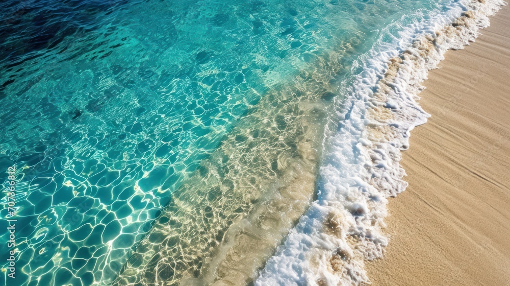 Obraz premium an aerial view of a beach with clear blue water and a wave coming in to the shore and a boat in the water at the shore line of the beach.