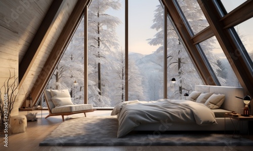 Modern living room interior with panoramic window view on snowy forest. 