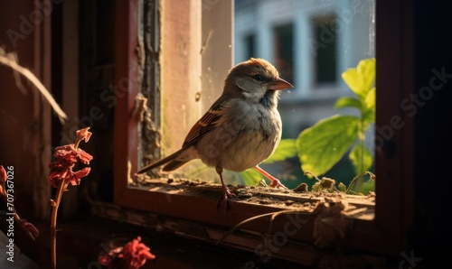 Little sparrow sitting on the window sill and looking out the window
