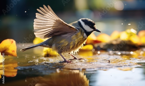 Great Tit, Parus major, single bird on water, Warwickshire