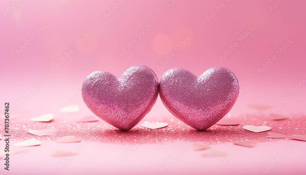 Pink background with hearts, Two Hearts On Pink Glitter In Shiny Backgroun Pink background with hearts, Two Hearts On Pink Glitter In Shiny Backgroun