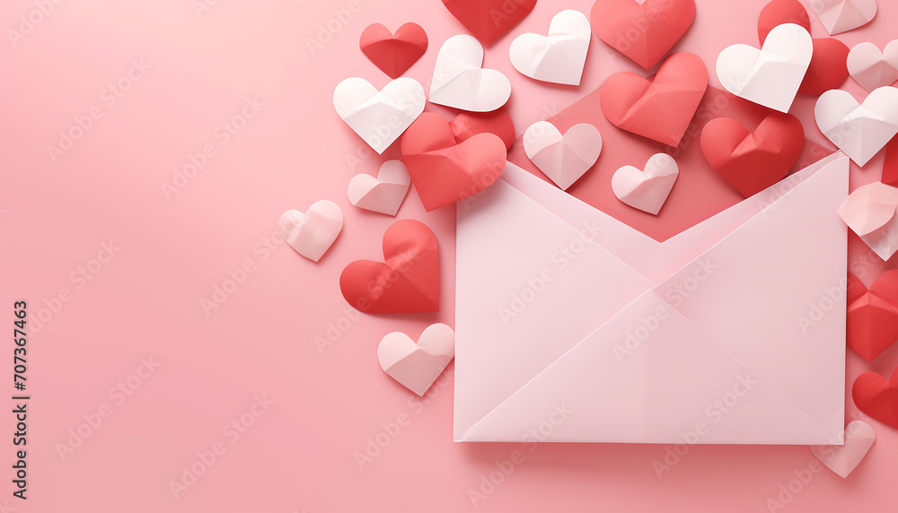 Love letter envelope with paper craft hearts, flat lay on pink valentines or anniversary background with copy space