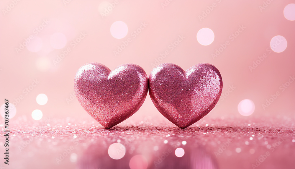 Pink background with hearts, Two Hearts On Pink Glitter In Shiny Backgroun