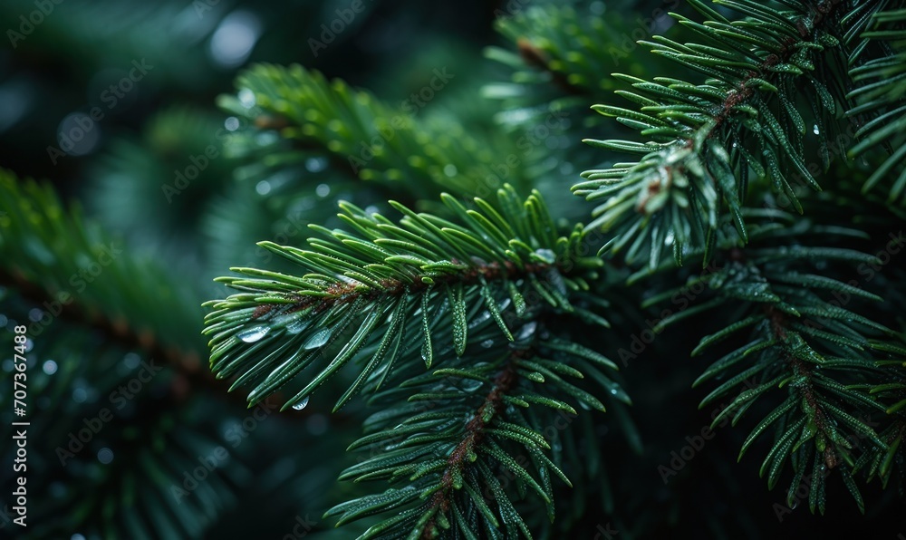 Pine branches with dew drops close-up. Nature background