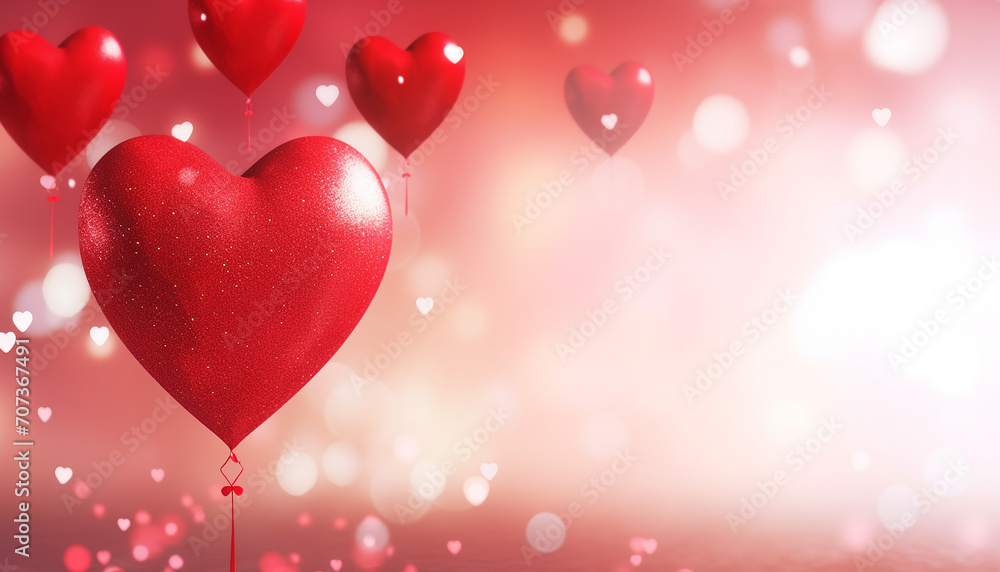 Valentine background with hearts, Red heart air balloon background with glitter bokeh