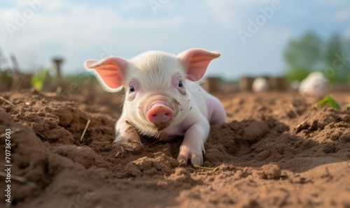 Cute little piglet on a farm at sunset. Concept of agriculture and farming. © TheoTheWizard