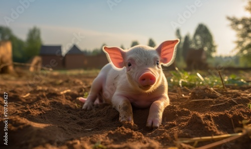 Cute little piglet on a farm at sunset. Concept of agriculture and farming.