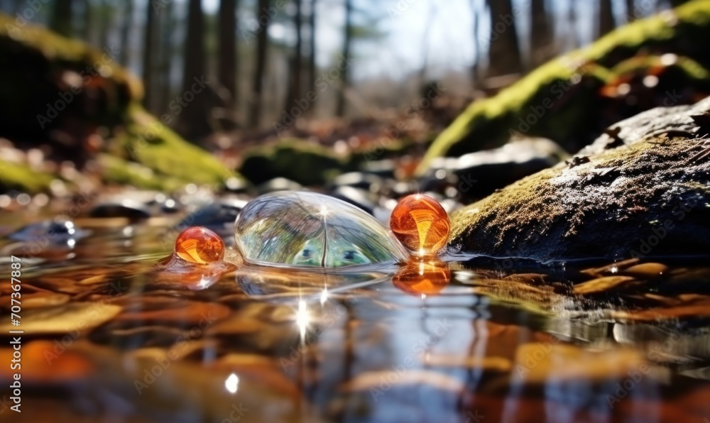 Frozen water in the forest with ice cubes and pebbles. Early spring landscape Frozen water in the forest with ice cubes and pebbles. Early spring landscape