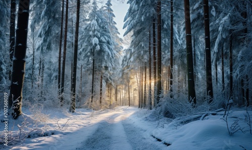 Beautiful winter forest landscape with trees covered with hoarfrost and snow