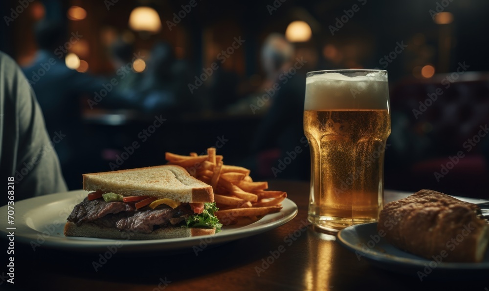 A hamburger and a glass of beer on a wooden table in a pub