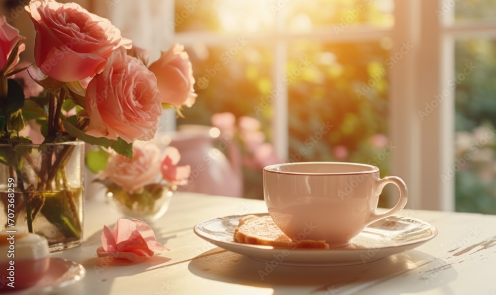 A cup of coffee on a wooden table with a bouquet of roses in the background A cup of coffee on a wooden table with a bouquet of roses in the background