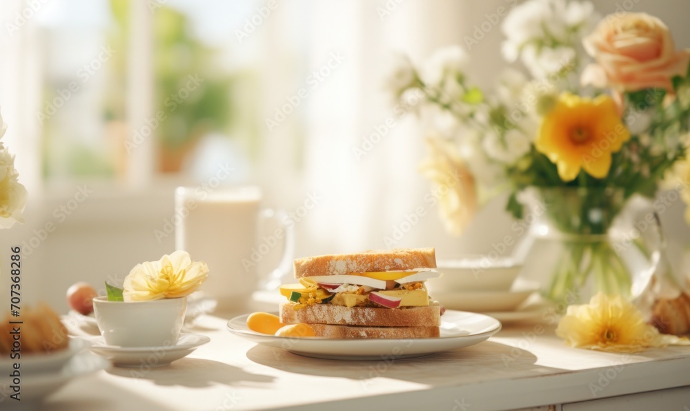 Breakfast with sandwiches and juice on the table in the morning. Breakfast with sandwiches and juice on the table in the morning.