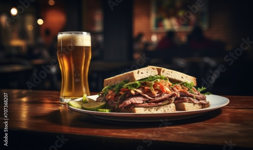 Hamburger with a glass of beer on a table in a pub