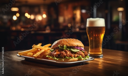 A hamburger and a glass of beer on a wooden table in a pub