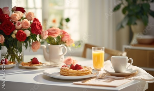 A cup of coffee on a wooden table with a bouquet of roses in the background