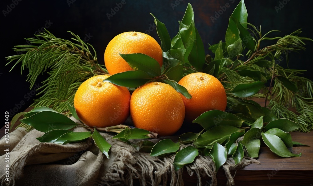 Fresh tangerines with green leaves on wooden table. Dark rustic style. Fresh tangerines with green leaves on wooden table. Dark rustic style.